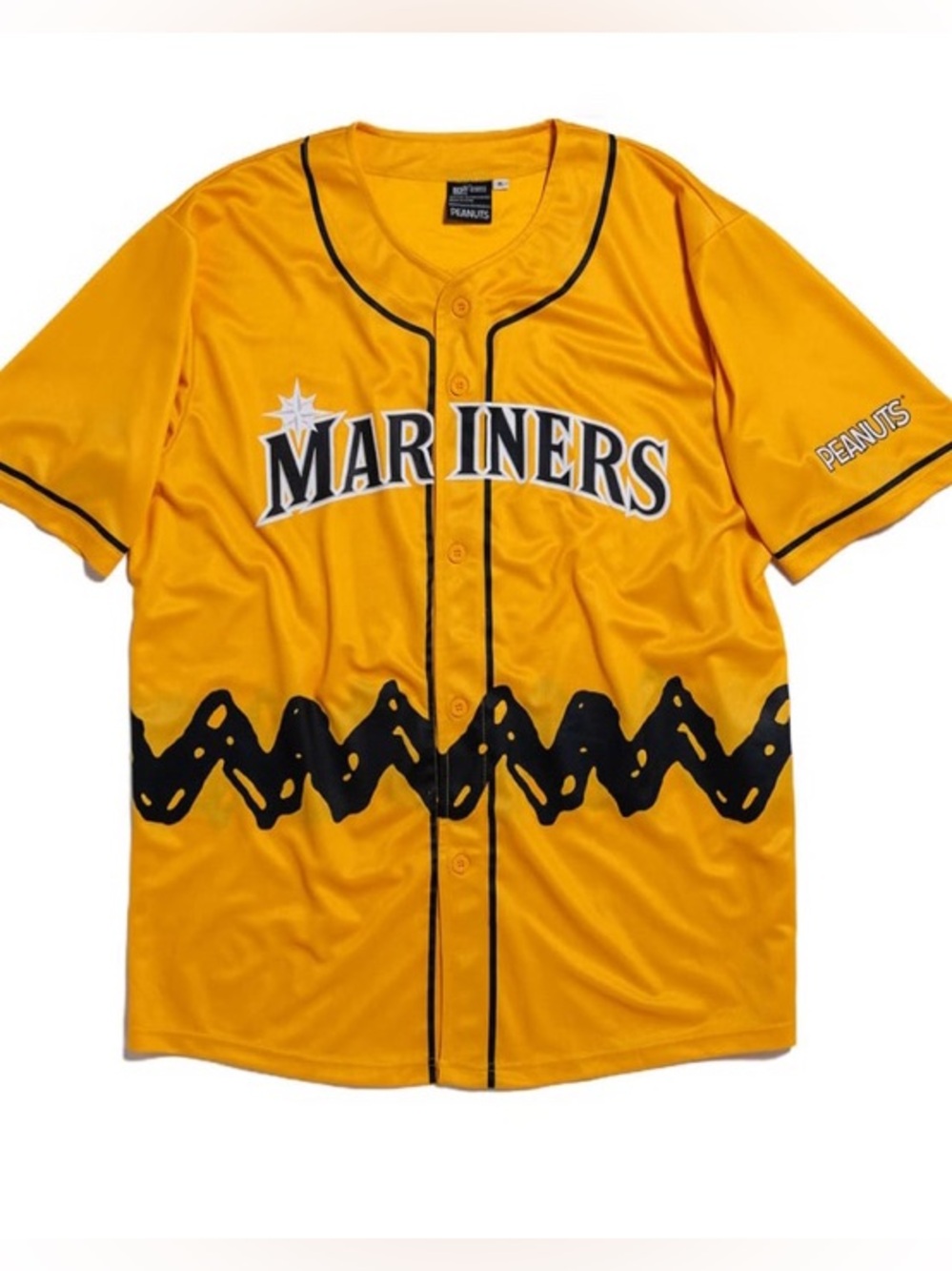🆕 Peanuts x Seattle Mariners Men’s Baseball Charlie Brown Yellow Black Jersey